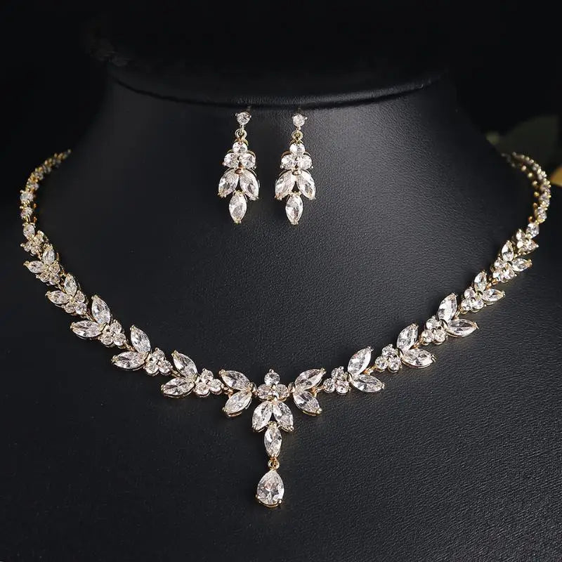 RAKOL Luxury Necklace Earring Set For Women AAA+ Zircon New Flower Leaf Fashion Bridal Wedding Party Charm Jewelry Set