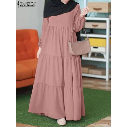 ZANZEA Muslim Islamic Tiered Long Dresses Women Casual Loose Long Puff Sleeve O Neck Abaya