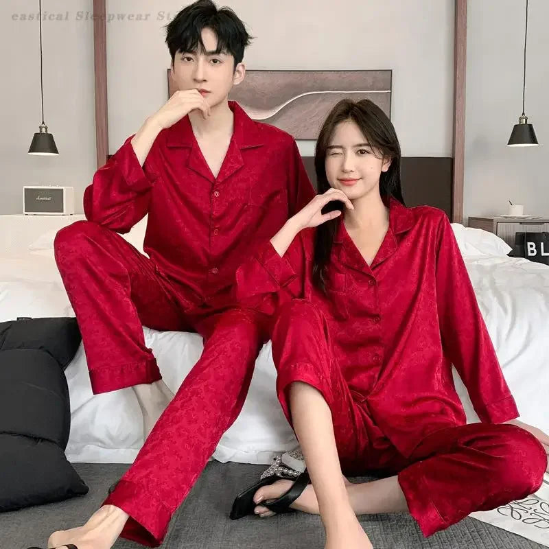 Couple's Newlywed Pajamas Set Women Long Sleeves Shirt&Pants Home Wear Men's Silky Satin Sleepwear Bride Groom's Red Nightwear