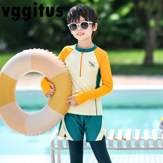 Kids Boys 3Pcs Swimsuit Rash Guard Set Long Sleeve Zipper Top Pants Shorts Swimwear