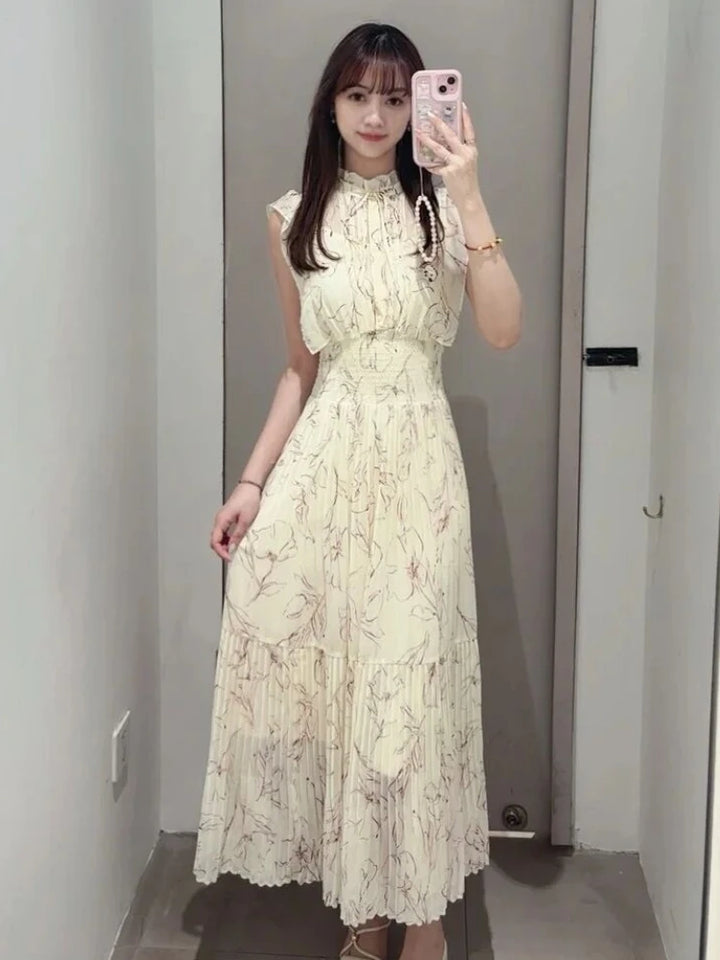 Kuzuwata Fresh Mid-length Print High Waist Robe New Gentle Literary Lace Up Pleated Slim Exquisite Mujer Japan New Elegant Dress