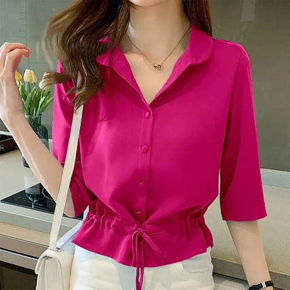 Summer Women All-match Solid Turn-down Collar Half Sleeve Chiffon Shirt