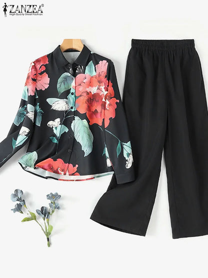 2pcs Long Sleeve Shirt Wide Leg Pants Sets