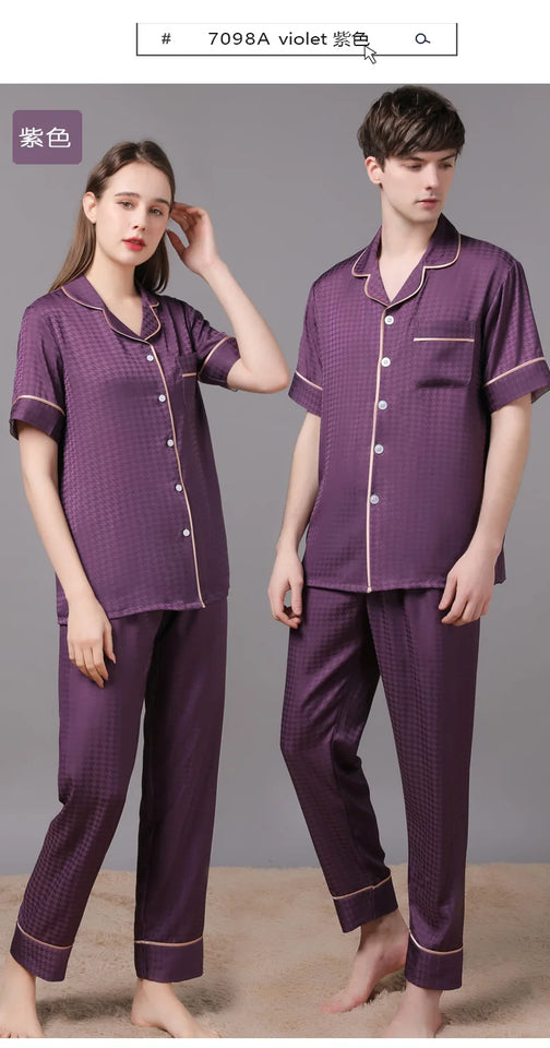 High Quality Couple Pajamas Suit Summer Short Sleeve Long Pant Home Cloth Men Ice Silk Thin Satin Large Size Sleepwear Set Women