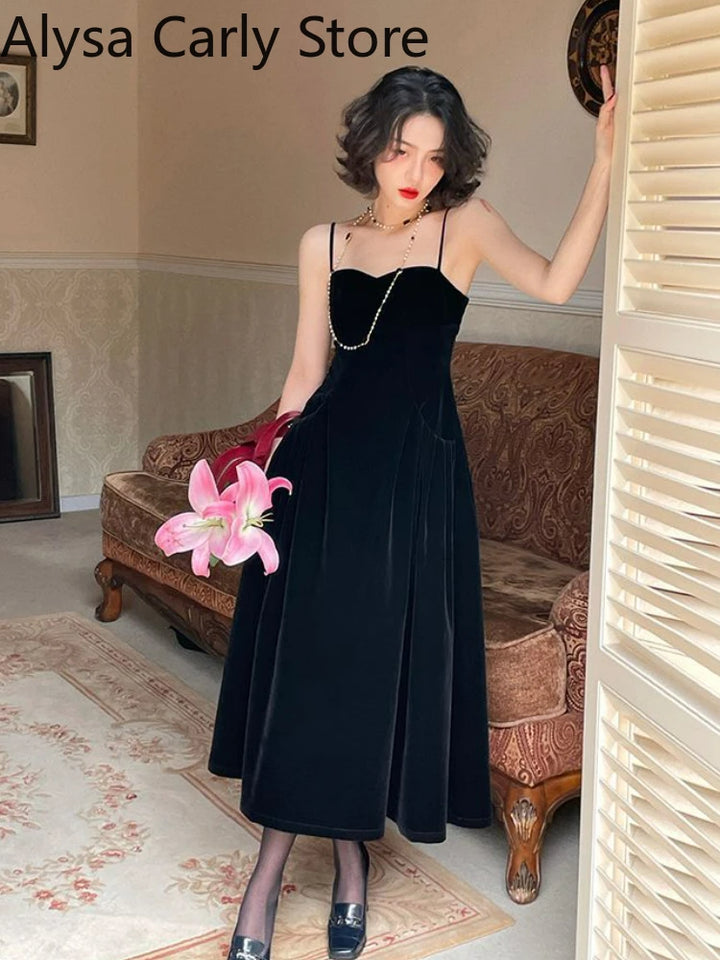 French Vintage Strap Dress Women Red Elegent Korean Party Midi Dress Female