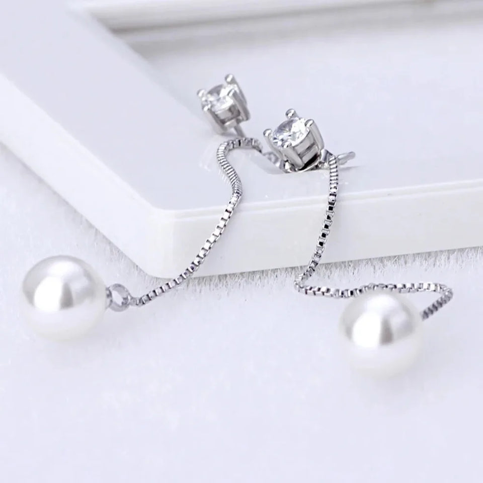 Fashion Silver-color Simulated Pearl Pendant Long Chain Cubic Zirconia  Earrings Bridal Wedding  Jewelry Drop