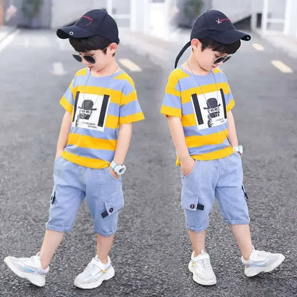 Kids Clothes Stripe Cotton T-shirt+Jeans Pant Boy Sets Infant Newborn Clothing