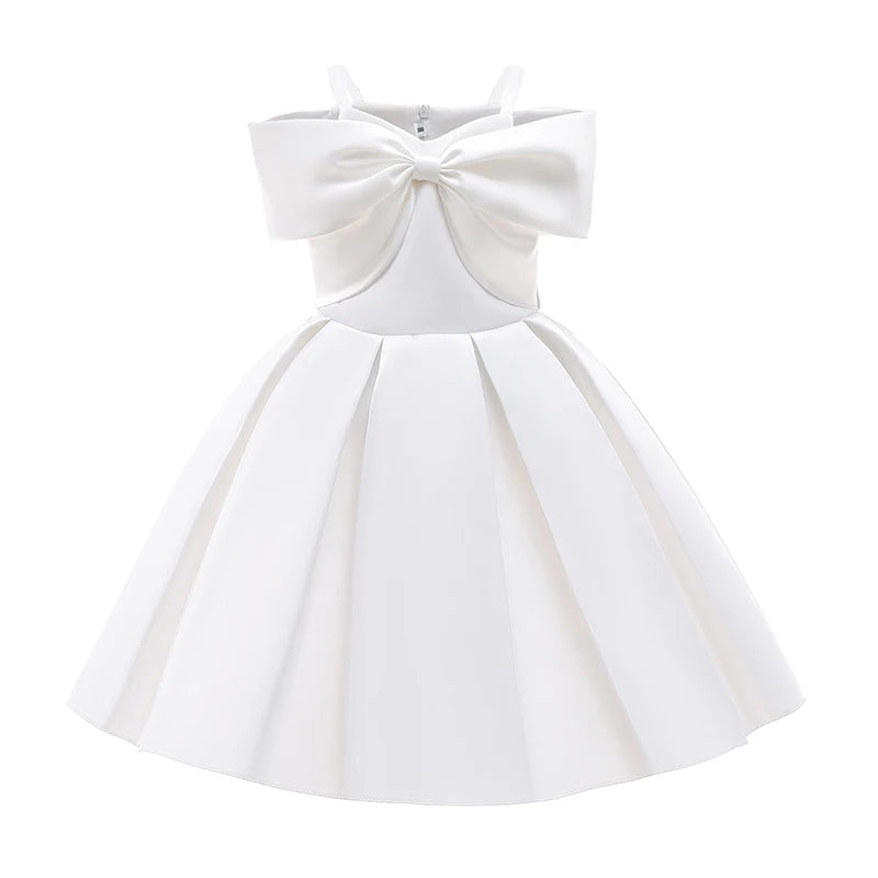 2024 New Girl Summer Solid Dress Bowknot Short Sleeve Shoulderless Children Skirts Breathable Quick Drying Casual Kids Dresses