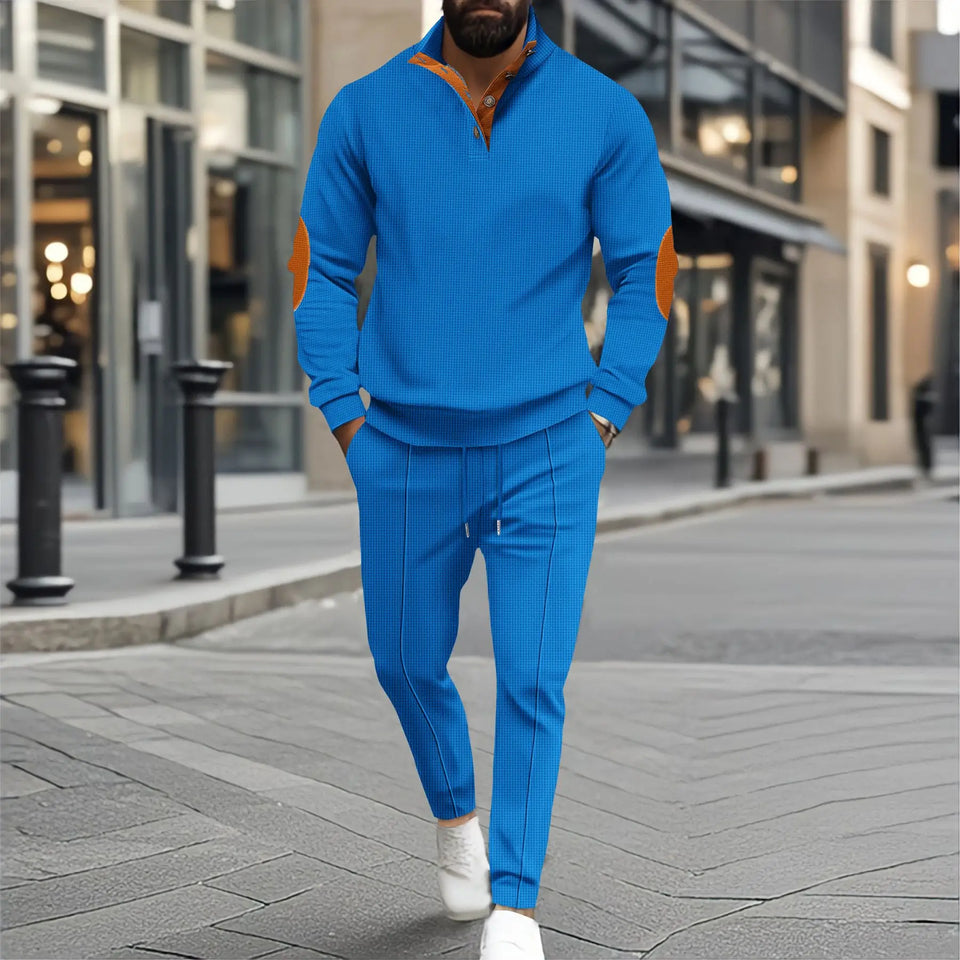 Autumn and winter new men's fashion outdoor sports half zipper Waffle casual stand collar long sleeve hoodie + trousers men's su