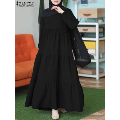 ZANZEA Muslim Islamic Tiered Long Dresses Women Casual Loose Long Puff Sleeve O Neck Abaya