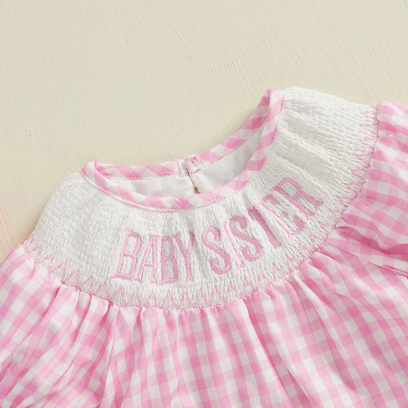 Infant Girl s Short Sleeve Romper with Embroidered Floral Detail and Ruffled Hemline Round Neck Summer Jumpsuit in Plaid
