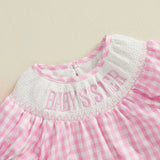 Infant Girl s Short Sleeve Romper with Embroidered Floral Detail and Ruffled Hemline Round Neck Summer Jumpsuit in Plaid