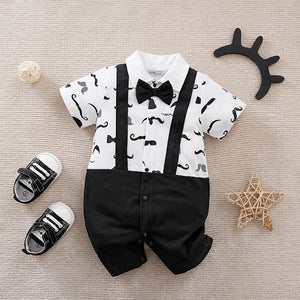 Boys Cartoon Printed Clothes Short Sleeve Bow Tie Romper  Moustache Cotton Baby Gentleman