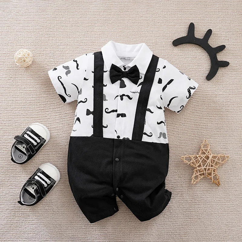 Boys Cartoon Printed Clothes Short Sleeve Bow Tie Romper  Moustache Cotton Baby Gentleman