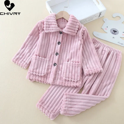 Kids Boys Girls Autumn Winter Thick Warm Soft Flannel Pajama Sets Solid Lapel Tops with Pants Sleeping Clothing Sets