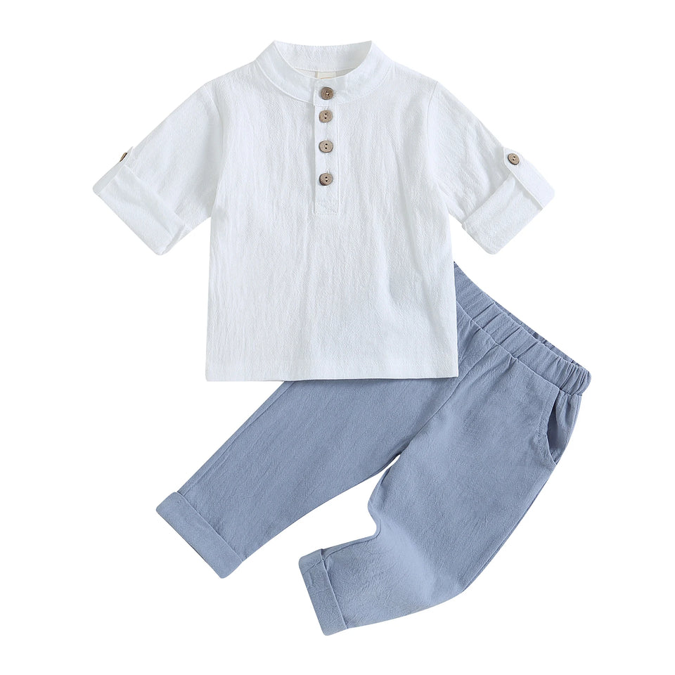 Pudcoco Kid Baby Boys Summer Outfits Solid Color Buttons Short Sleeve Shirts and Elastic Waist Long Pants 2Pcs Clothes Set 6M-4T