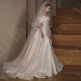 Elegant Off Shoulder Wedding Dress Boat Neck Short Sleeve  Beading Back A-Line Satin Mermaid Bridal Party dress Customized