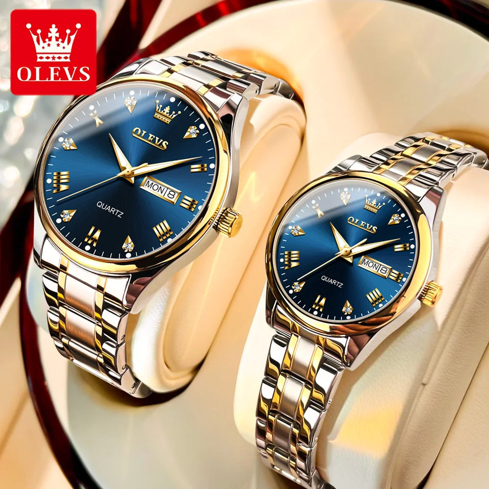 OLEVS High Quality Luxury Couple Watch For Men Women Stainless Steel Original Watches Top Brand Waterproof Couple Wrist Watches