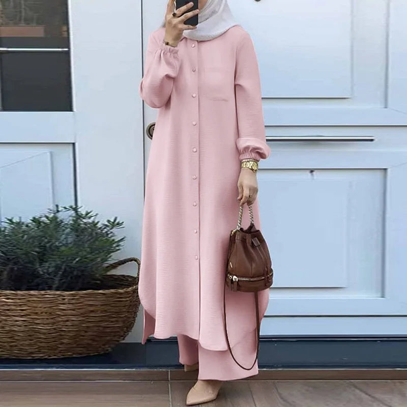 Vintage Muslim Suit Solid Color Lapel Neck Long Sleeve Blouse Pant Ramadan Islamic Clothing Fashion Casual Turkey Outifit