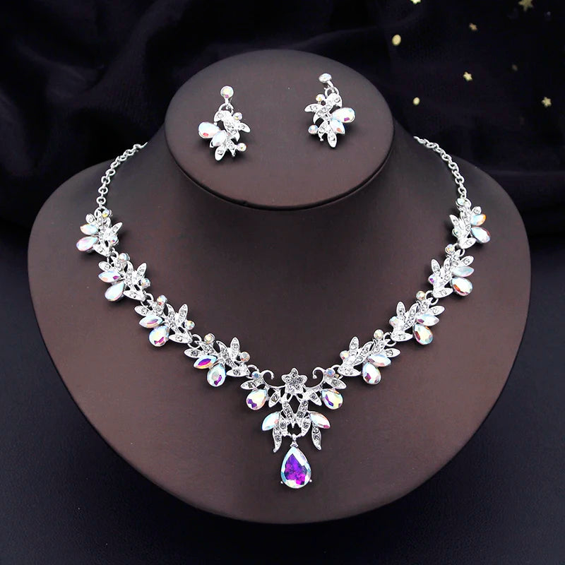 Water drop Butterfly Bridal Jewelry Sets for Women Earring Necklace Set Rhinestone Crystal Wedding Jewelry Sets 3 Pcs Gifts