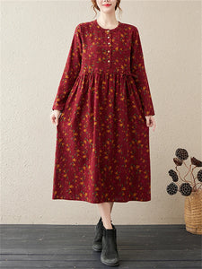 Long Sleeve Cotton Linen Vintage Floral Print Dresses For Women  Casual Dress Robe Femme Elegant Clothing