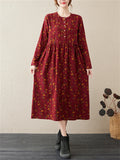 Long Sleeve Cotton Linen Vintage Floral Print Dresses For Women  Casual Dress Robe Femme Elegant Clothing