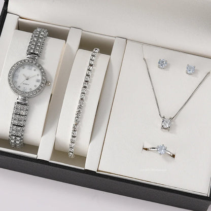 6pcs/set Jewelry Sets Women Quartz Watch Luxury with Stainless Steel Strap Clock Rhinestone Ring Necklace Earrings