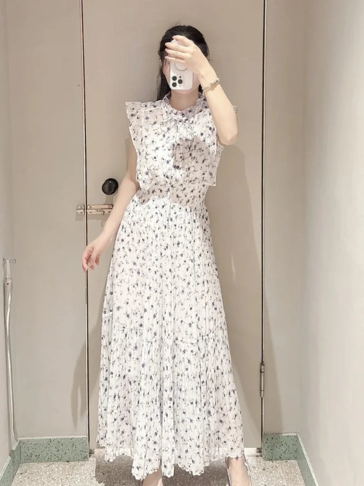 Kuzuwata Fresh Mid-length Print High Waist Robe New Gentle Literary Lace Up Pleated Slim Exquisite Mujer Japan New Elegant Dress