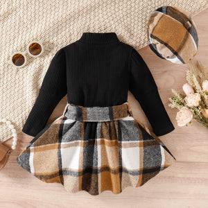 Fashionable And Foreign, Solid Color High-Collar Long-Sleeved Top + Plaid Skirt + Hat