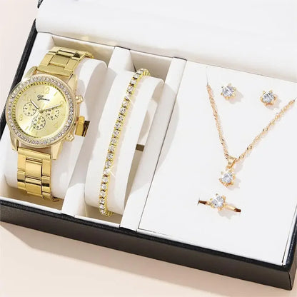 6pcs/set Jewelry Sets Women Quartz Watch Luxury with Stainless Steel Strap Clock Rhinestone Ring Necklace Earrings