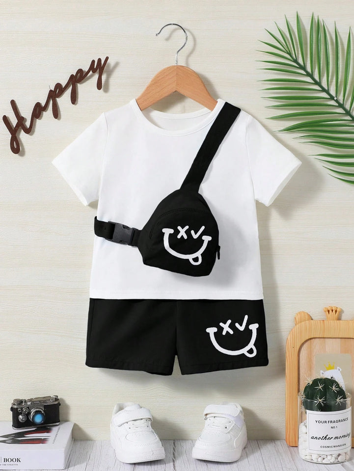 Boys & Girls Round neck Solid color T-shirt Cartoon Design Shoulder Pocket Shorts 2-piece set (bag not included)
