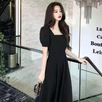 Long Dress Slimming Elegant Waist-fitted Square Collar Puff Sleeve Dress For Women Summer