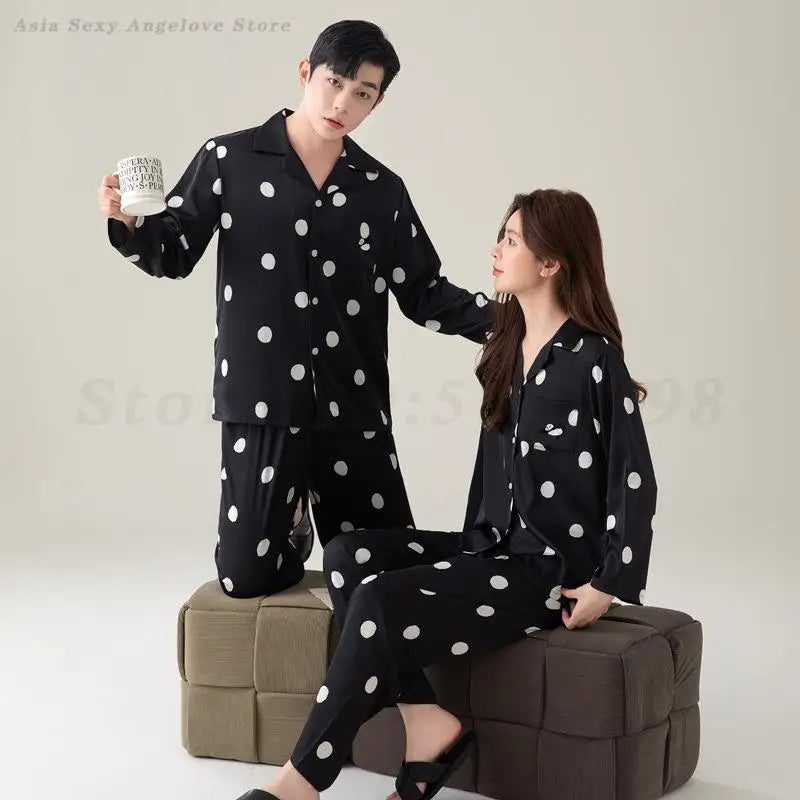 Spring Summer Couple Pajamas Set Women's Long Sleeved Home Clothes Men's Satin Black Sleepwear Loose Casual Nightwear Loungewear