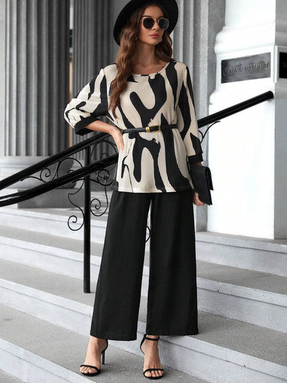 women's round neck printed 3/4 sleeve top; black pants set