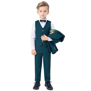 Children Formal Green 4pcs Suit Set Boys Birthday Wedding Party Performance Costume Kids Blazer Vest Pants Bowtie Outfit