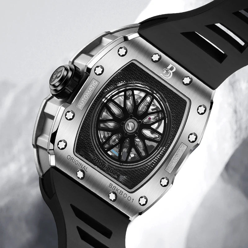 BRUBOSES-Men's Mechanical Watch with Sapphire Crystal, 316L Stainless Steel Case, Tonneau Watch, Casual Fashion