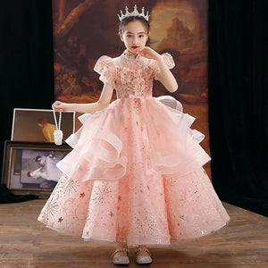 Formal Pink Lace Flower Girl Dresses for Wedding Beads Sequin Kids First Communion Gown Vestidos Christmas Princess Costume