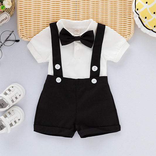 Mini Gentleman Outfit Newborn Baby Boy Formal Costumes Short Sleeve Shirt With Bow + Romper Short Pants