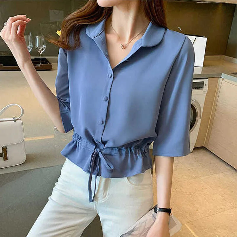 Summer Women All-match Solid Turn-down Collar Half Sleeve Chiffon Shirt