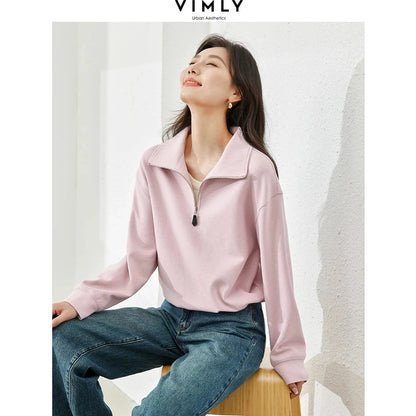 Vimly Apricot Half Zipper Short Sweatshirts  Spring Lapel Elastic Hem Pullovers Casual Loose Long Sleeve Top for Woman