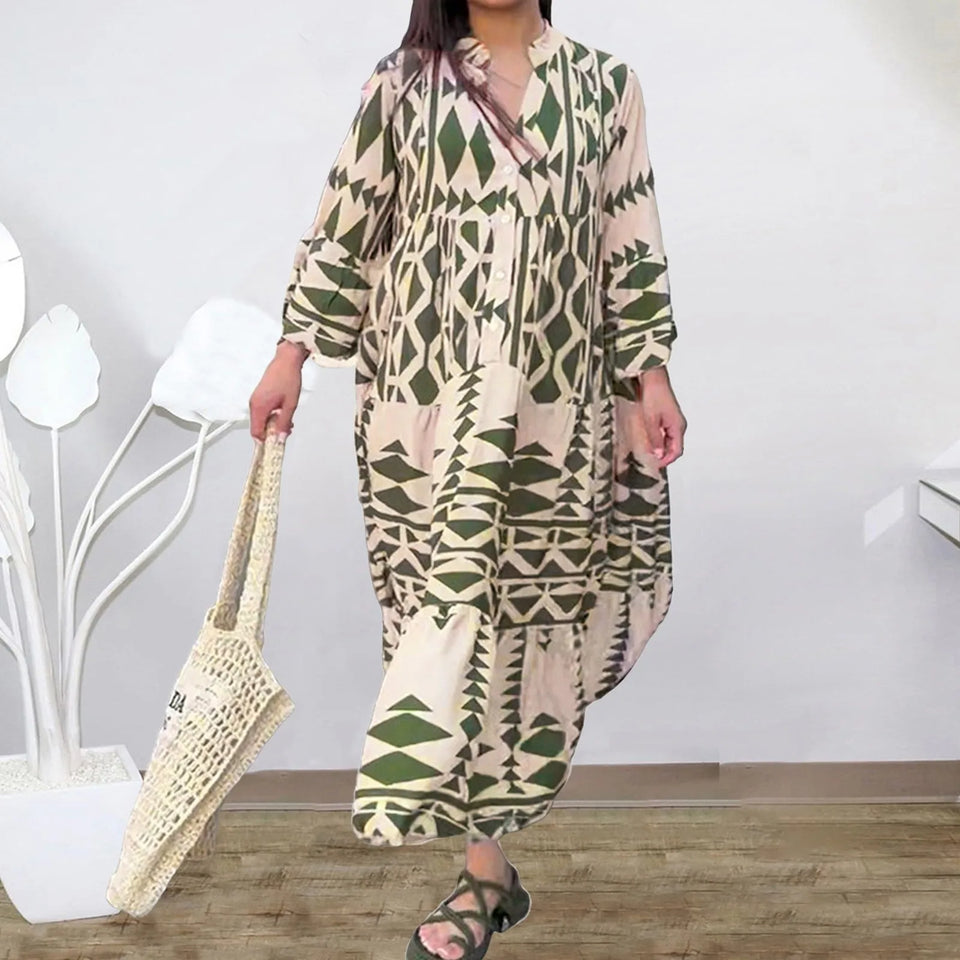 Summer Shirt Dresses Women Long Sleeve Pleated Boho Print Long Dress Robe Ladies Fashion Vintage Beach Maxi Dresses Vestidos