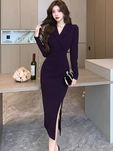 Women Pink Pleated Bodycon Formal Long Dress Autumn Winter Long Sleeve Chic Suit Dress
