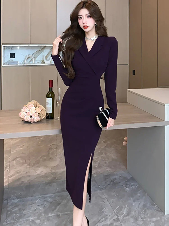 Women Pink Pleated Bodycon Formal Long Dress Autumn Winter Long Sleeve Chic Suit Dress