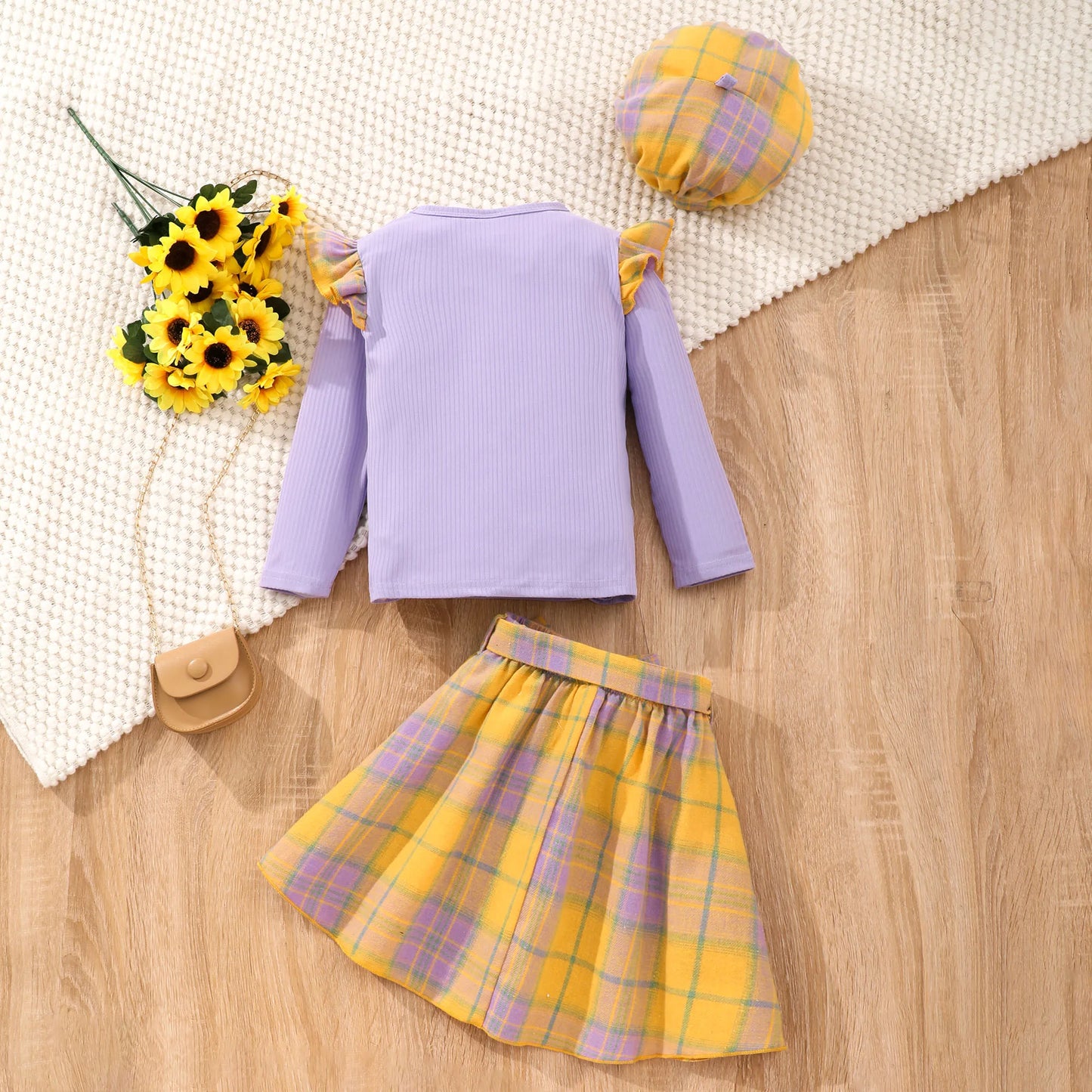 Toddler Girls Flutter Trim Long Sleeve Top + Plaid Skirt Kids Clothes Autumn Party