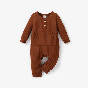 Baby Boy/Girl Solid Ribbed Long-sleeve Jumpsuit with Pocket Soft and Comfortable