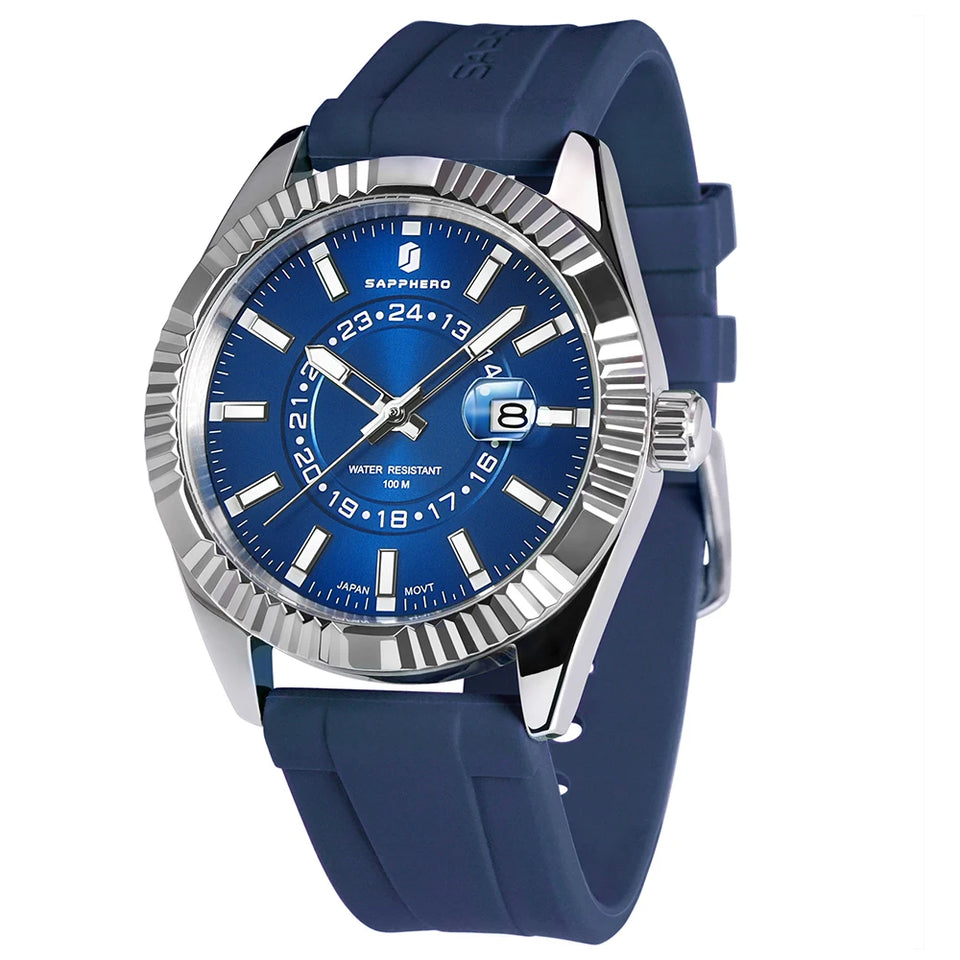 SAPPHERO Mens Watches luxury Business Stainless steel Wristwatch 100m Waterproof Bleu Quartz luminous Clock Gift for Men