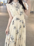 Kuzuwata Fresh Mid-length Print High Waist Robe New Gentle Literary Lace Up Pleated Slim Exquisite Mujer Japan New Elegant Dress