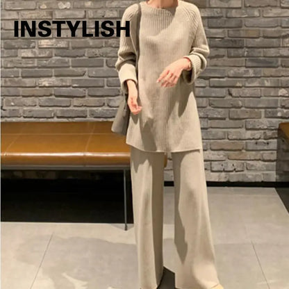 Women Elegant Sweater Suit Elegant Knitted Two Pieces Set Autumn Winter Oversized Pullover and Trousers