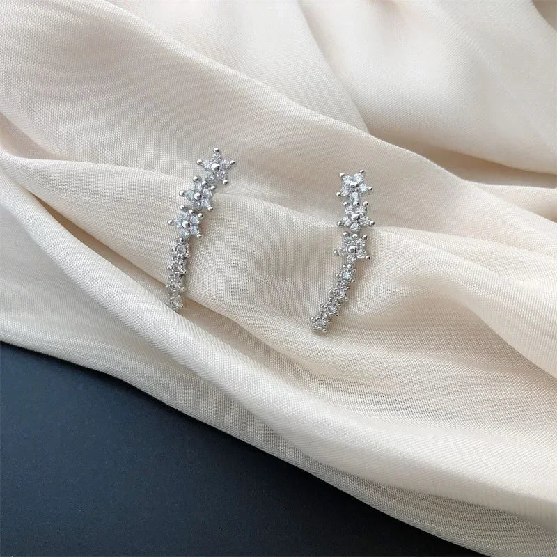1 Pair Shiny Zircon Star Flower Climbing Earrings for Women Exquisite Sliver Color Crystal Statement Earrings Jewelry Gifts