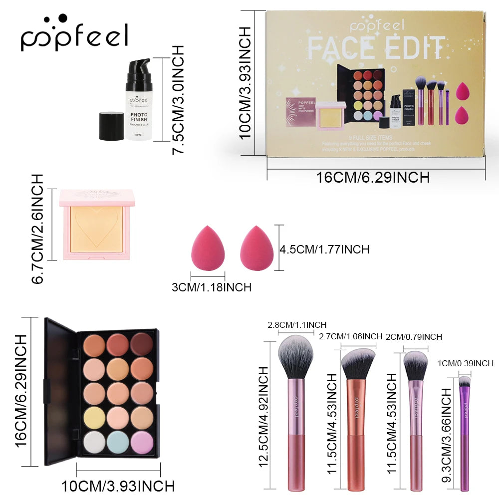 POPFEEL Face Makeup Mini Kit Foundation Primer Powder Foundation Makeup Brush